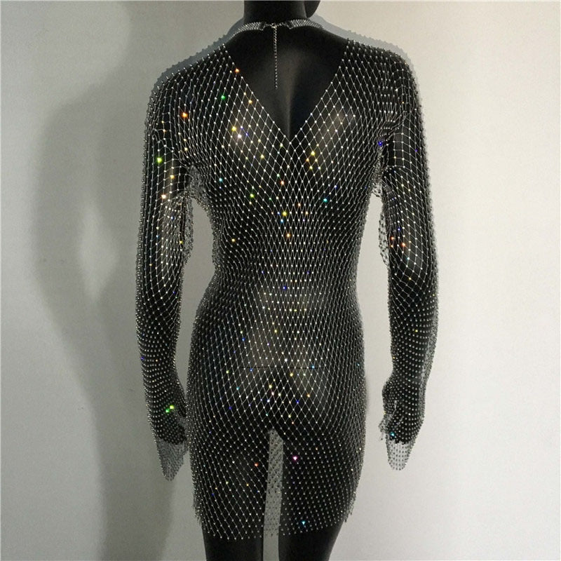 Bling Rhinestones Fishnet Mini Dress Sexy Long Sleeve Crystal Dress