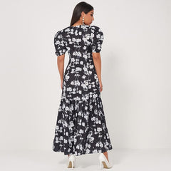 Summer New Fashion WomenRetro Long Waist Fishtail Slim-fit V-neck Lantern Sleeves Banquet Floral Sweet Dress