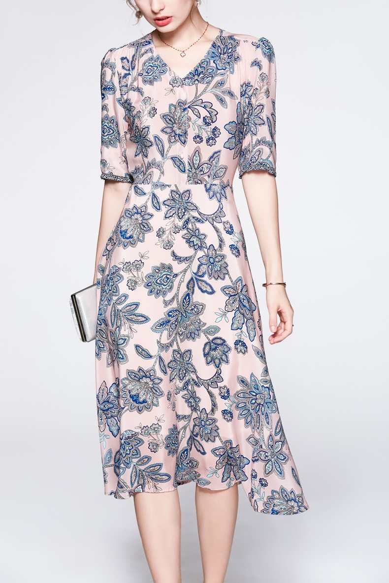 V Neck Short Sleeves Printed Ruched Fashion Summer Dress