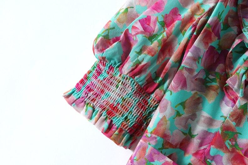 V Neck Short Sleeves Ruffles Sash Belt Printed Fashion Summer Dress