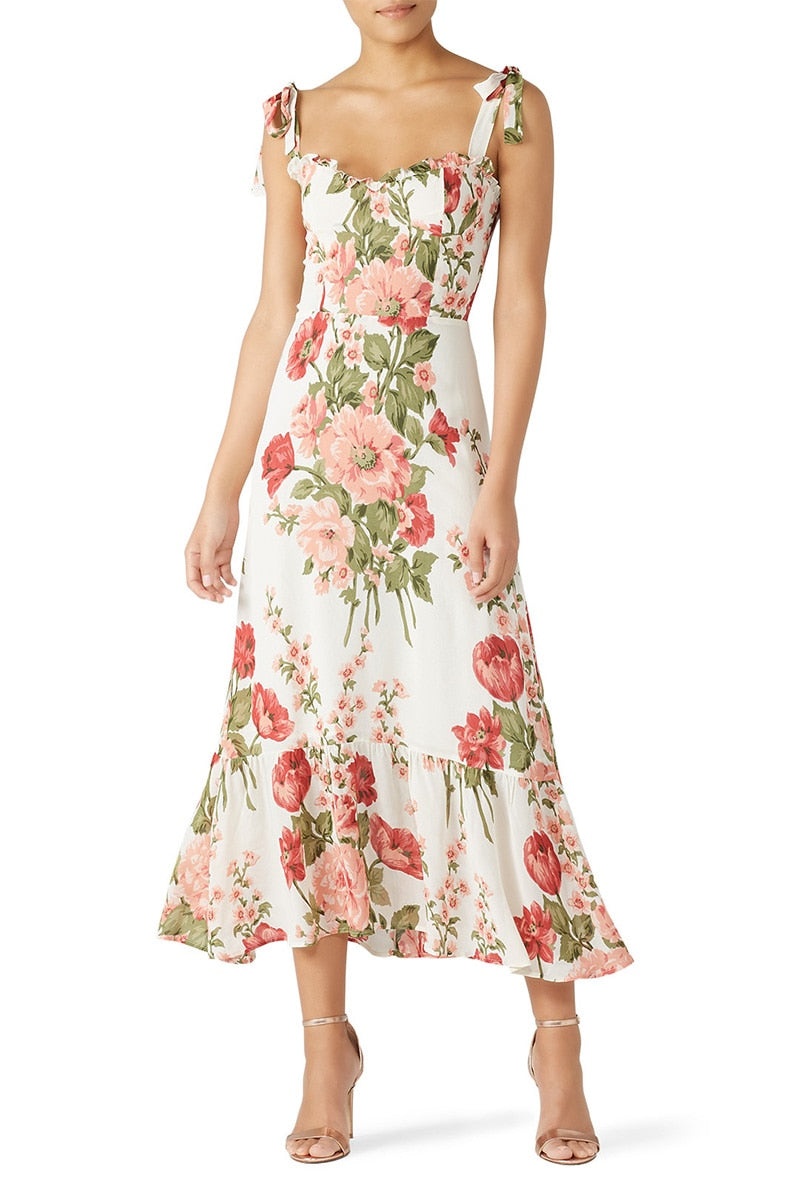 Print Beach Dress Sweetheart Neck Strap Elegant Vintage Chiffon Midi Dress