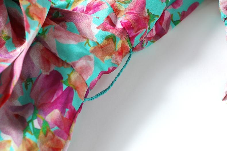 V Neck Short Sleeves Ruffles Sash Belt Printed Fashion Summer Dress
