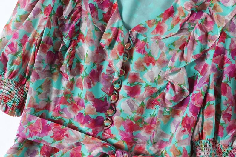 V Neck Short Sleeves Ruffles Sash Belt Printed Fashion Summer Dress