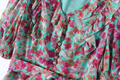 V Neck Short Sleeves Ruffles Sash Belt Printed Fashion Summer Dress