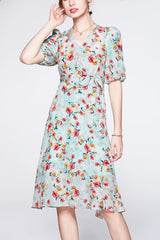 V Neck Short Sleeves Printed Sash Belt Fashion Summer Dress