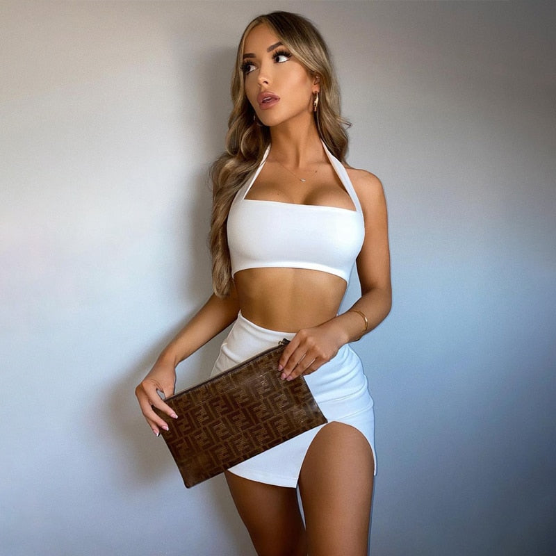 Slit Side Crop Tank Top Bodycon Mini Skirts Two Pieces Set