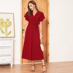 Summer New WomenFashion Solid Color Waist Temperament Feminine Long Over-the-knee Suit Collar Short-sleeved Stretch Dress