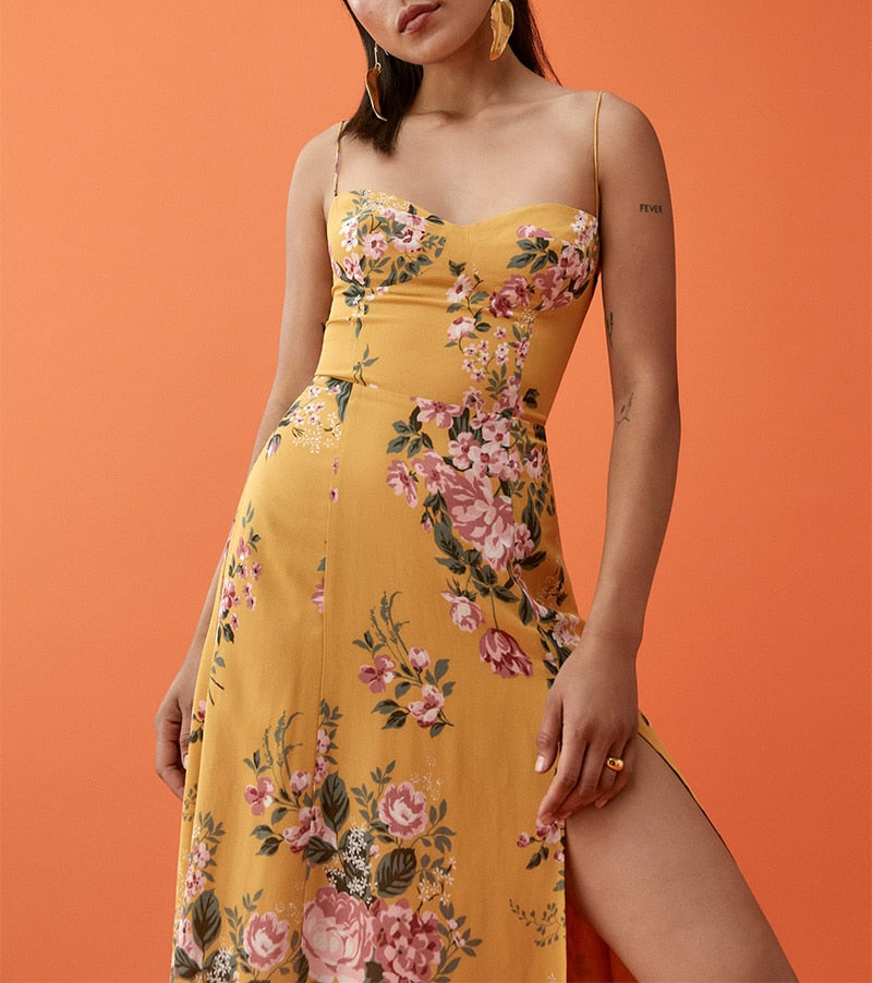 Vintage Midi Dress Side High Slit Spaghetti Strap Dress