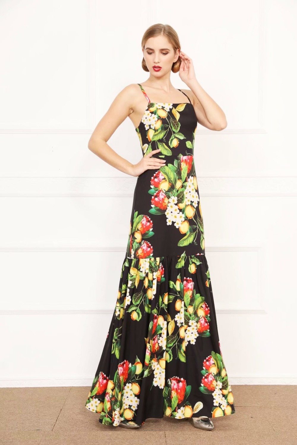 Sexy Spaghetti Straps Printed Long Party Prom Maxi Dresses