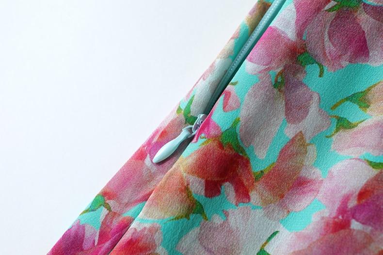 V Neck Short Sleeves Ruffles Sash Belt Printed Fashion Summer Dress