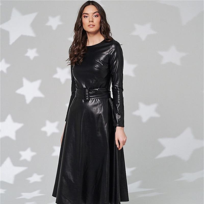 Fit And Flare Winter Dress a Line Pockets Pu Leather Midi Dress