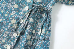V Neck Short Sleeves Printed Buttons Lace Up Fashion Dress