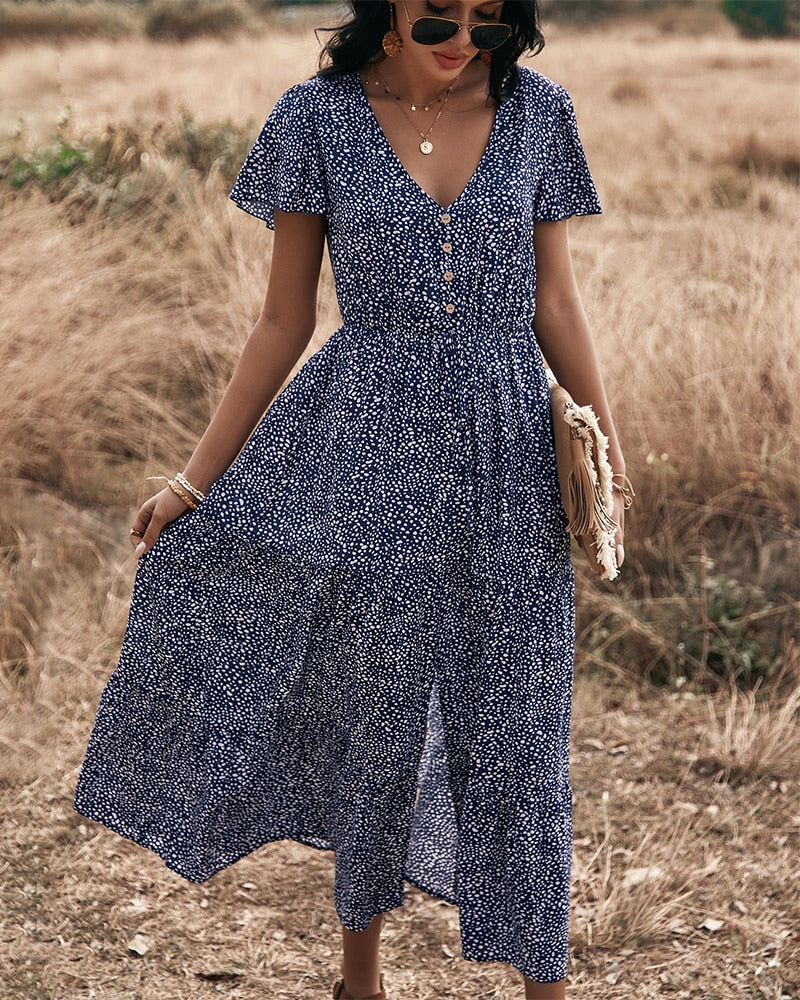 Dot Print Ruffles V Neck Draw String Button Dress