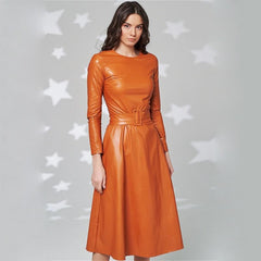 Fit And Flare Winter Dress a Line Pockets Pu Leather Midi Dress
