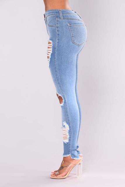 WomenJeans European and American Stretch Cotton Holes Pencil Feet Pants High Waisted Jeans