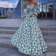 Summer Floral Print Boat Neck Prom Dresses