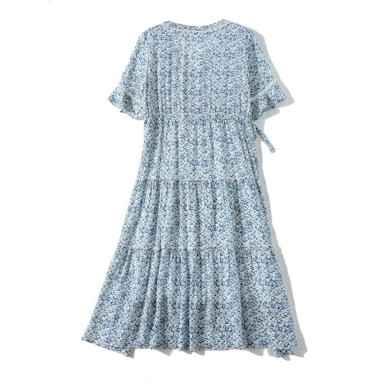 V Neck Short Sleeves Ruffles Floral Printed Holiday Dress