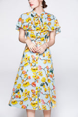 Lace Up Bow Collar Ruffles Printed Cape Sleeves Elegant Holiday Dress