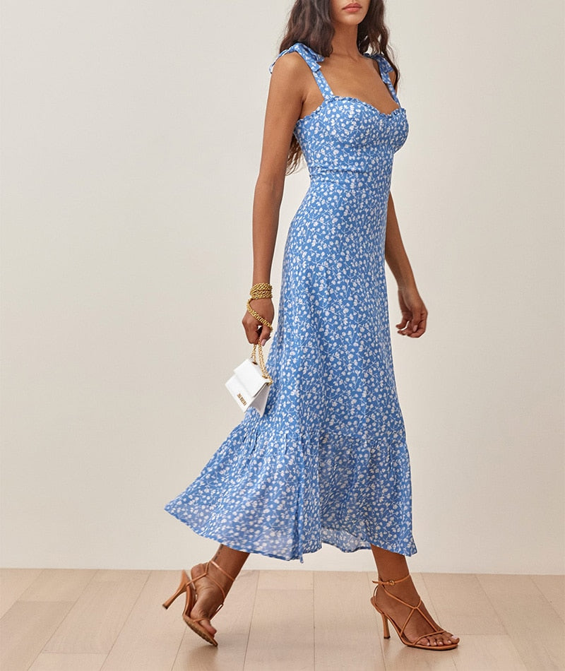 Elegant Ruffle Hem Floral Chiffon Midi Dress Neck Strap Tie Sexy Slip Dress