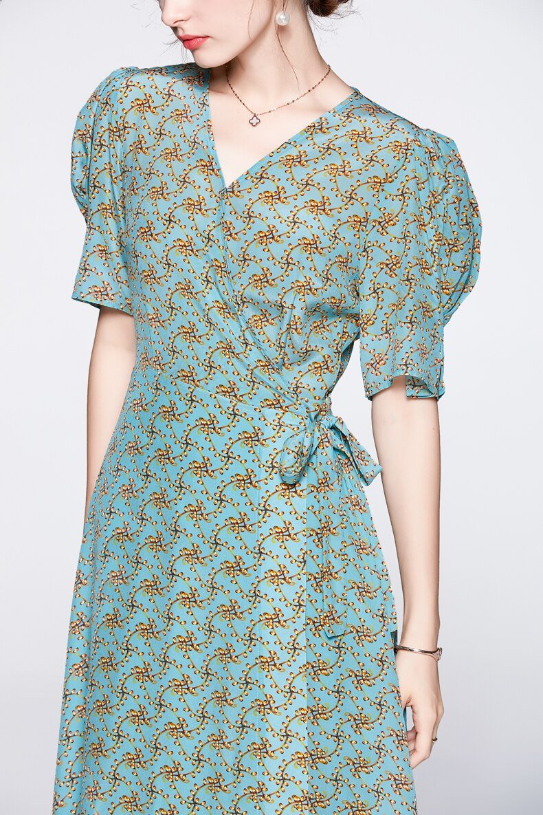 V Neck Short Sleeves Printed Lace Up Fashion Summer Dress