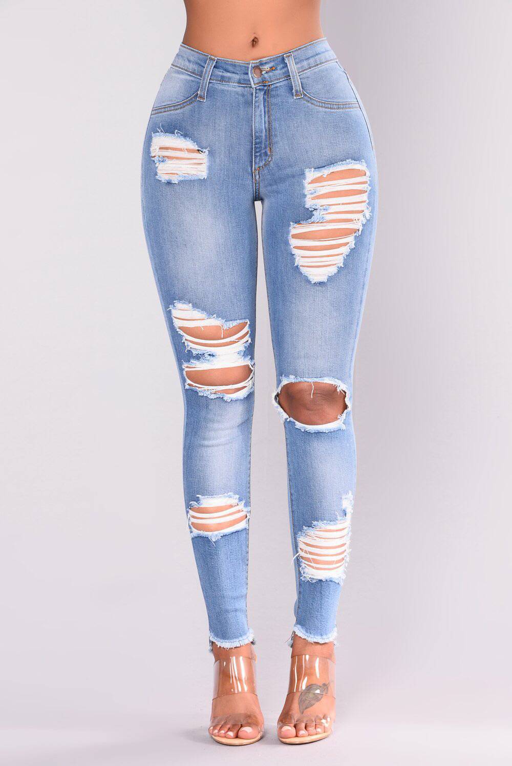 WomenJeans European and American Stretch Cotton Holes Pencil Feet Pants High Waisted Jeans