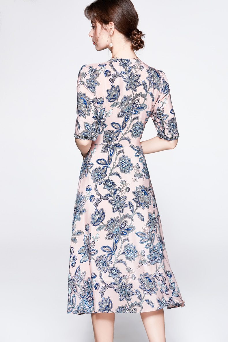 V Neck Short Sleeves Printed Ruched Fashion Summer Dress