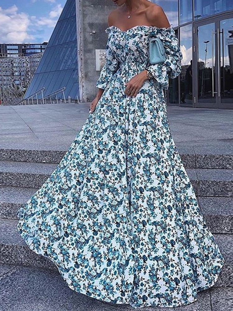 Summer Floral Print Boat Neck Prom Dresses