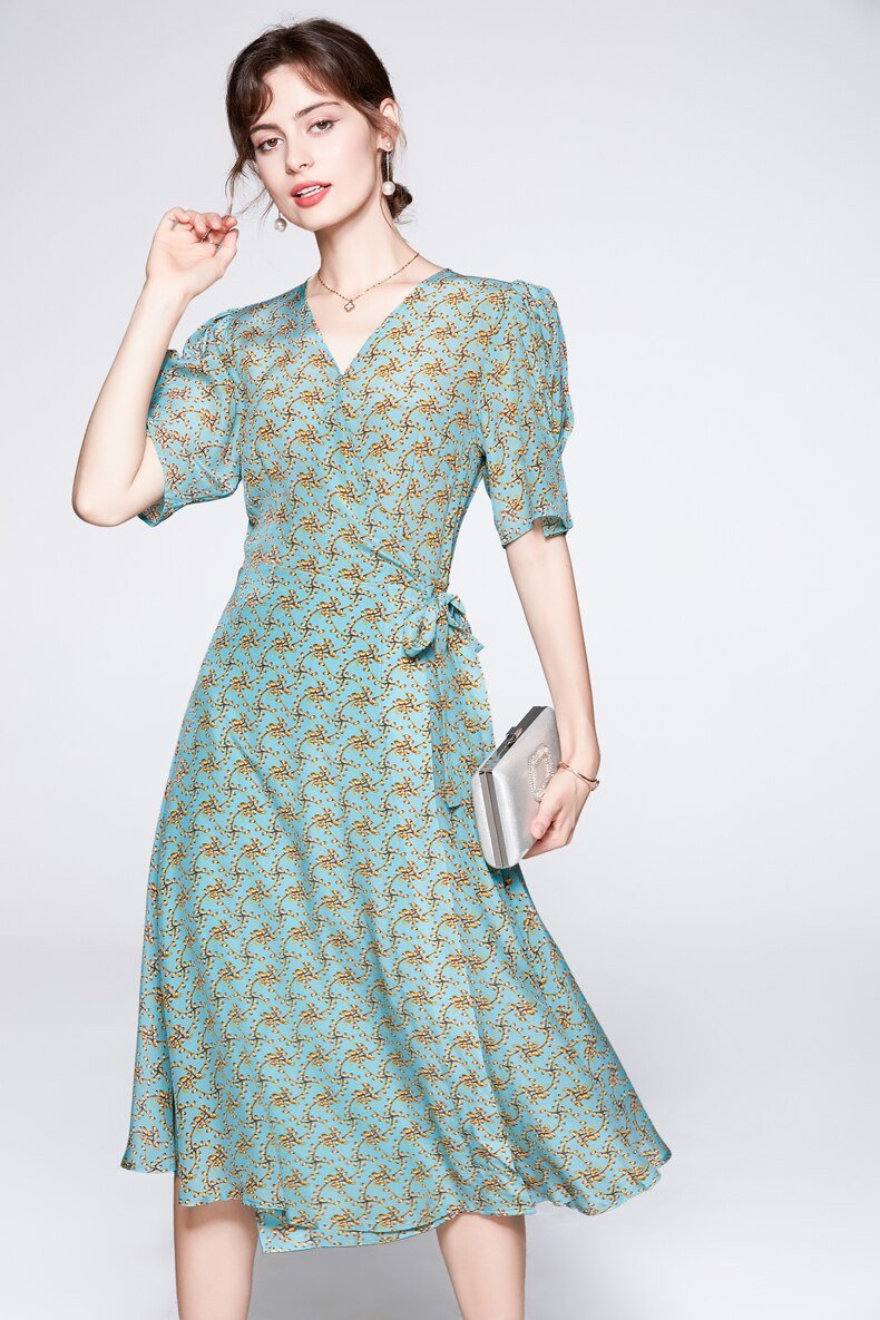 V Neck Short Sleeves Printed Lace Up Fashion Summer Dress