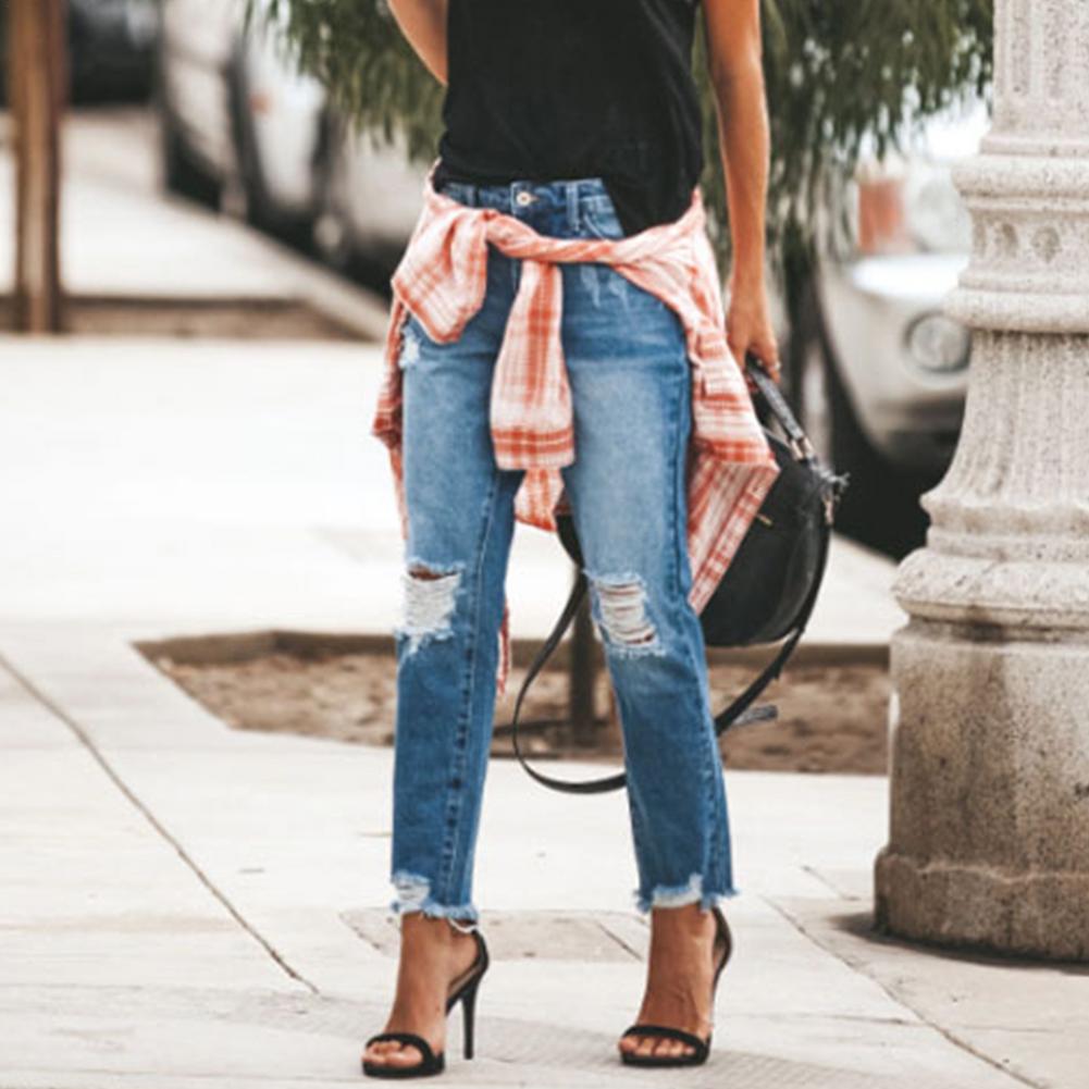 Hole Jeans High Waist Long Pants Solid Color Pocket Decor Zipper Button Placket Jeans
