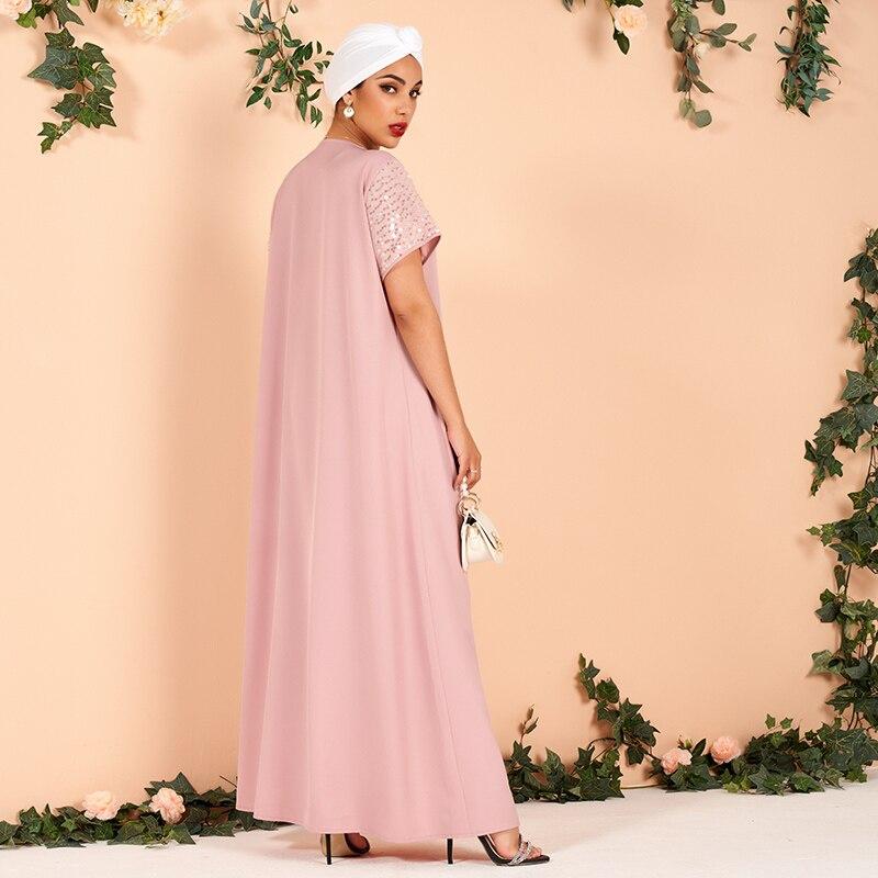 Summer Ladies Fashion Lapel Sequin Stitching Loose and Elegant Thin Arabian Powder Dress Long Dress (without Headscarf)