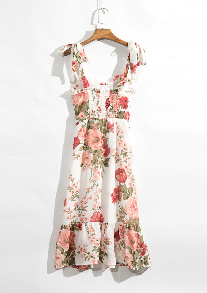 Print Beach Dress Sweetheart Neck Strap Elegant Vintage Chiffon Midi Dress