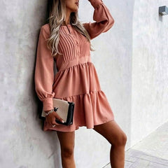 O Neck Button Draped Party A-Line Mini Dress
