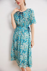 O Neck Short Sleeves Lace Up Waist Floral Printed Elegant Summer Dress