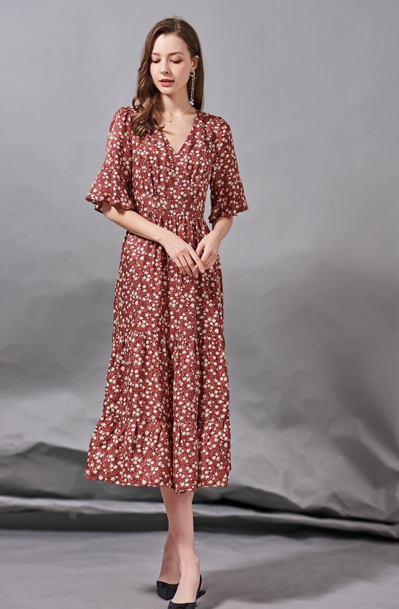 V Neck Short Sleeves Ruffles Printed Elegant Summer Dress