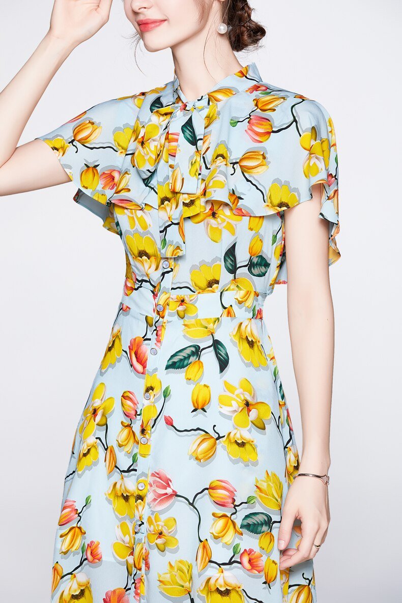 Lace Up Bow Collar Ruffles Printed Cape Sleeves Elegant Holiday Dress