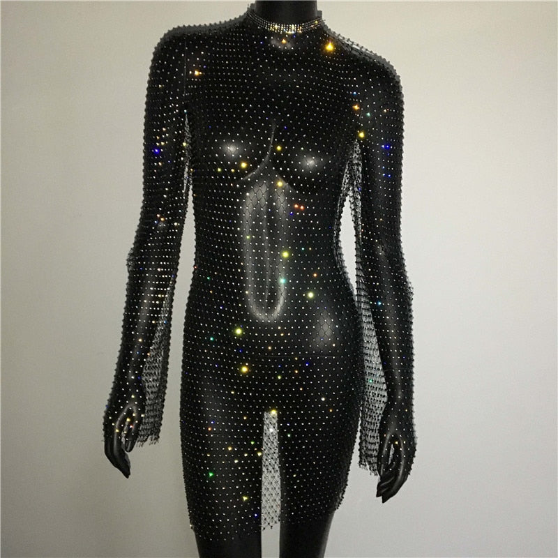 Bling Rhinestones Fishnet Mini Dress Sexy Long Sleeve Crystal Dress