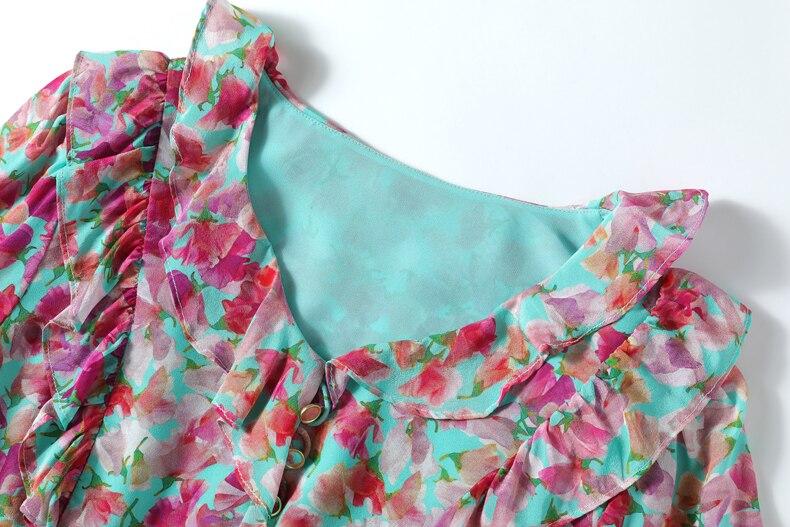V Neck Short Sleeves Ruffles Sash Belt Printed Fashion Summer Dress