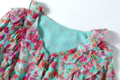 V Neck Short Sleeves Ruffles Sash Belt Printed Fashion Summer Dress