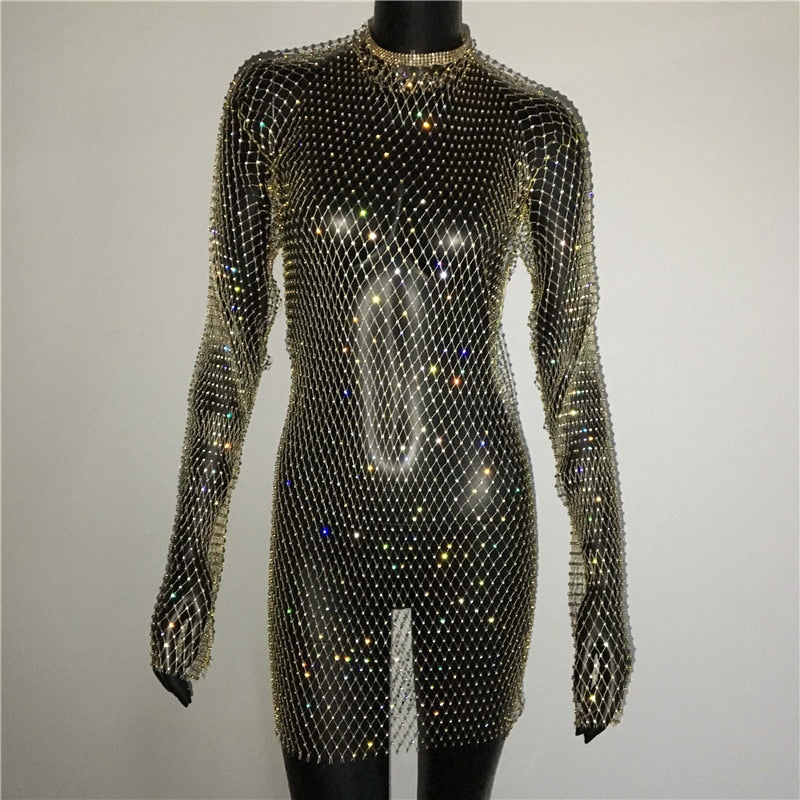 Bling Rhinestones Fishnet Mini Dress Sexy Long Sleeve Crystal Dress
