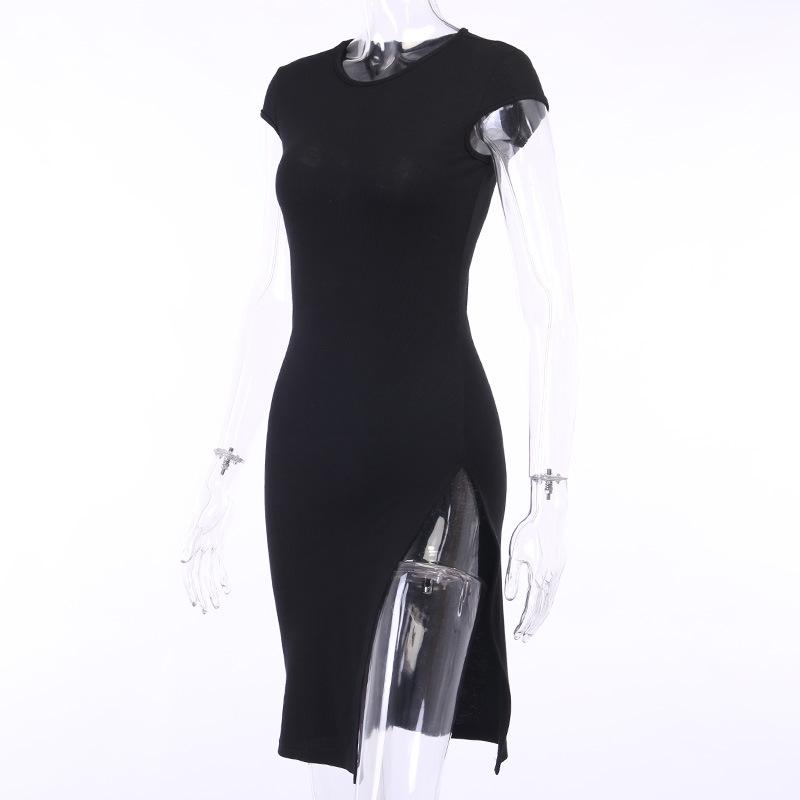 Woman Fashion Ribbed Short Sleeve High Slit Bodycon Dress