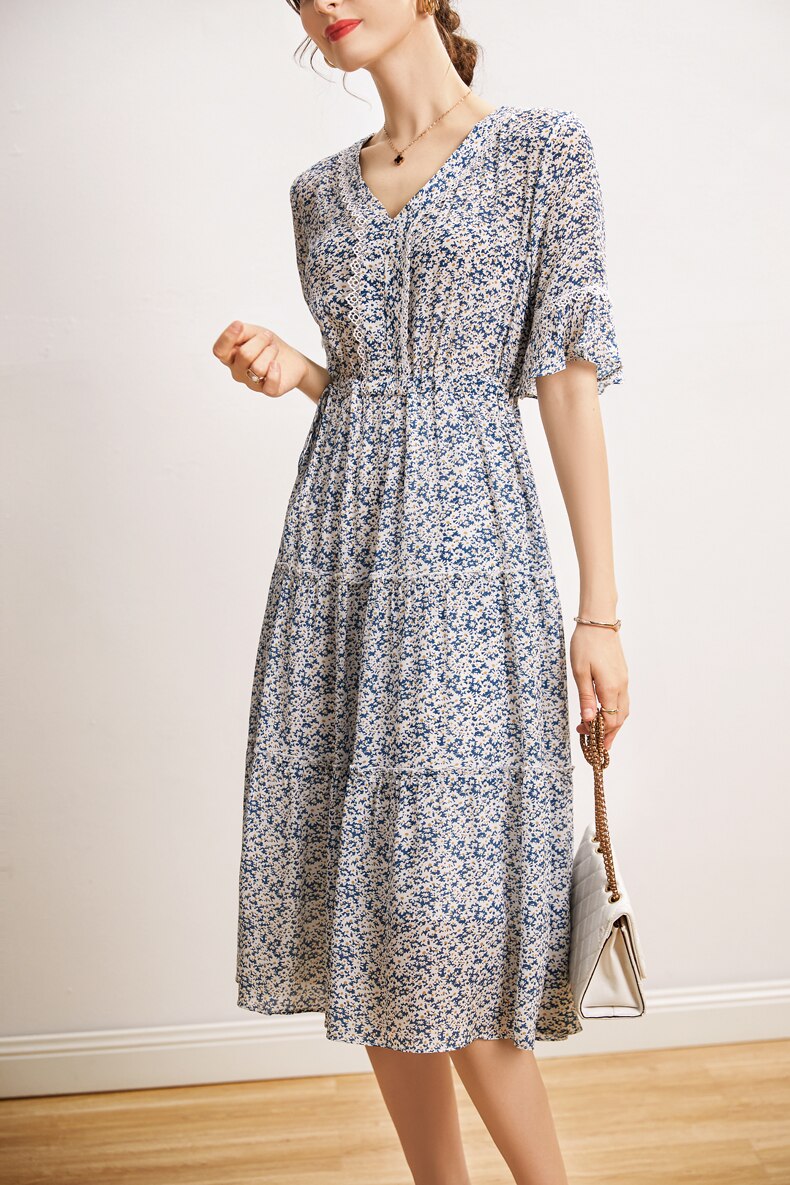 V Neck Short Sleeves Ruffles Floral Printed Holiday Dress