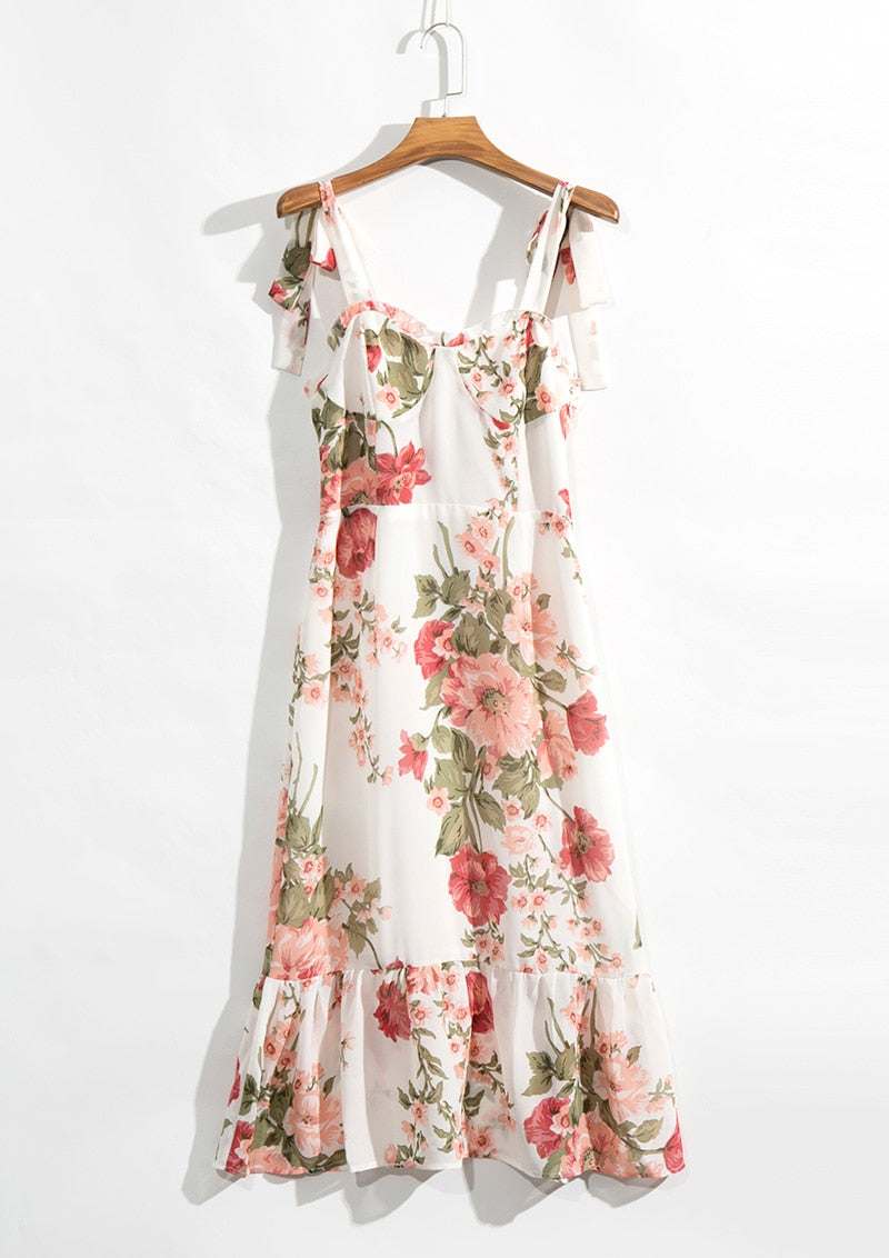 Print Beach Dress Sweetheart Neck Strap Elegant Vintage Chiffon Midi Dress