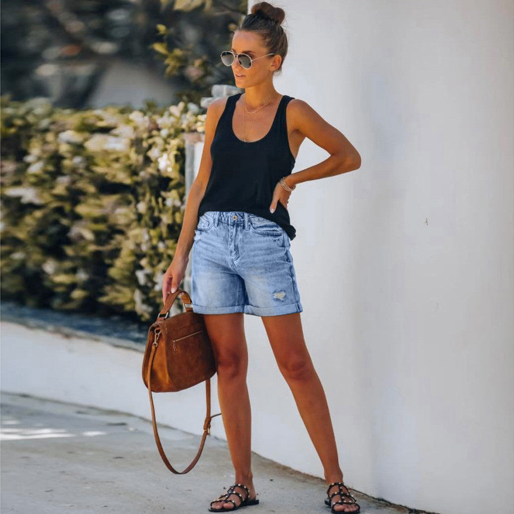 Casual Loose Elastic High Waist Wide Leg Straight Short Jeans Streetwear