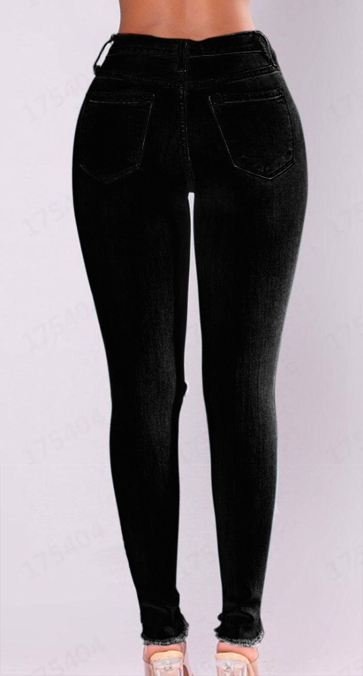 WomenJeans European and American Stretch Cotton Holes Pencil Feet Pants High Waisted Jeans