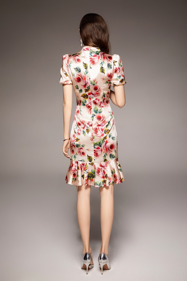 Vintage Stand Collar Short Sleeves Floral Printed Ruffles Elegant Dress Vestidos