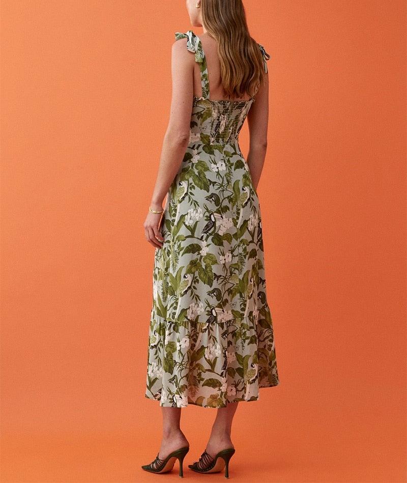 Elegant Ruffle Hem Beach Summer Dress Sweetheart Neck Tie Strap Midi Dress