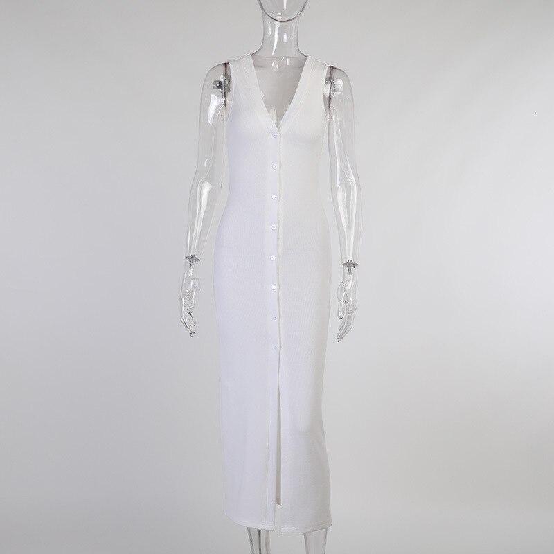 Vacation Button Up Split V Neck Sleeveless Long Dress