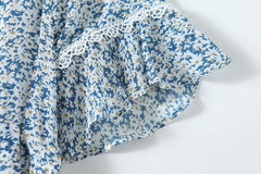 V Neck Short Sleeves Ruffles Floral Printed Holiday Dress