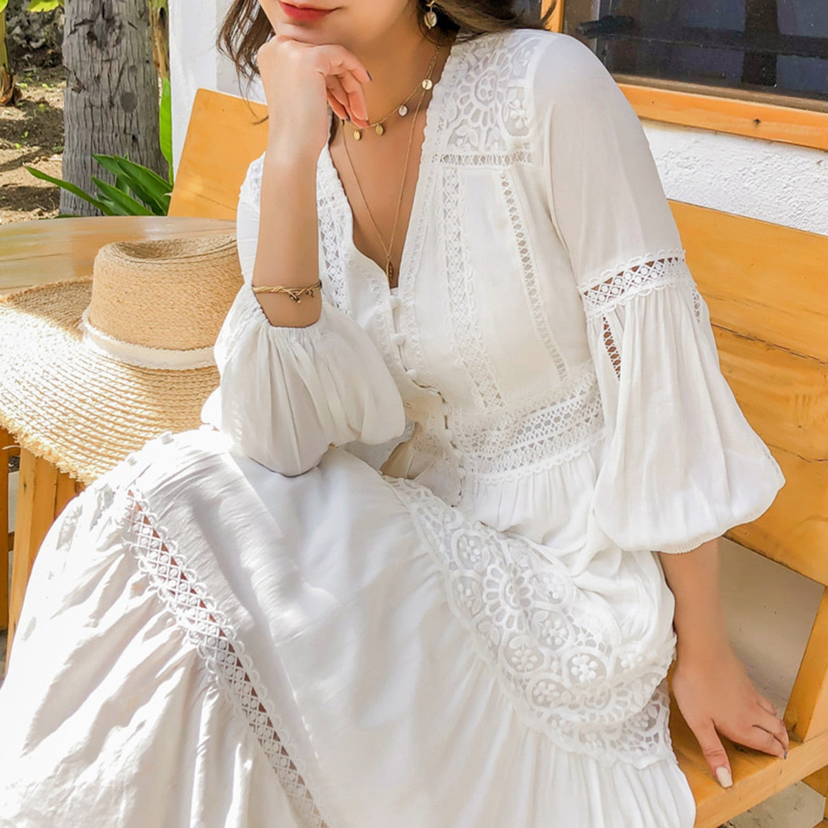 Cotton Patchwork Lace Dresses V-Neck Lantern Sleeve Maxi Dress