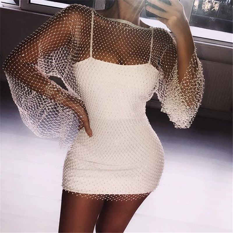 Bling Rhinestones Fishnet Mini Dress Sexy Long Sleeve Crystal Dress